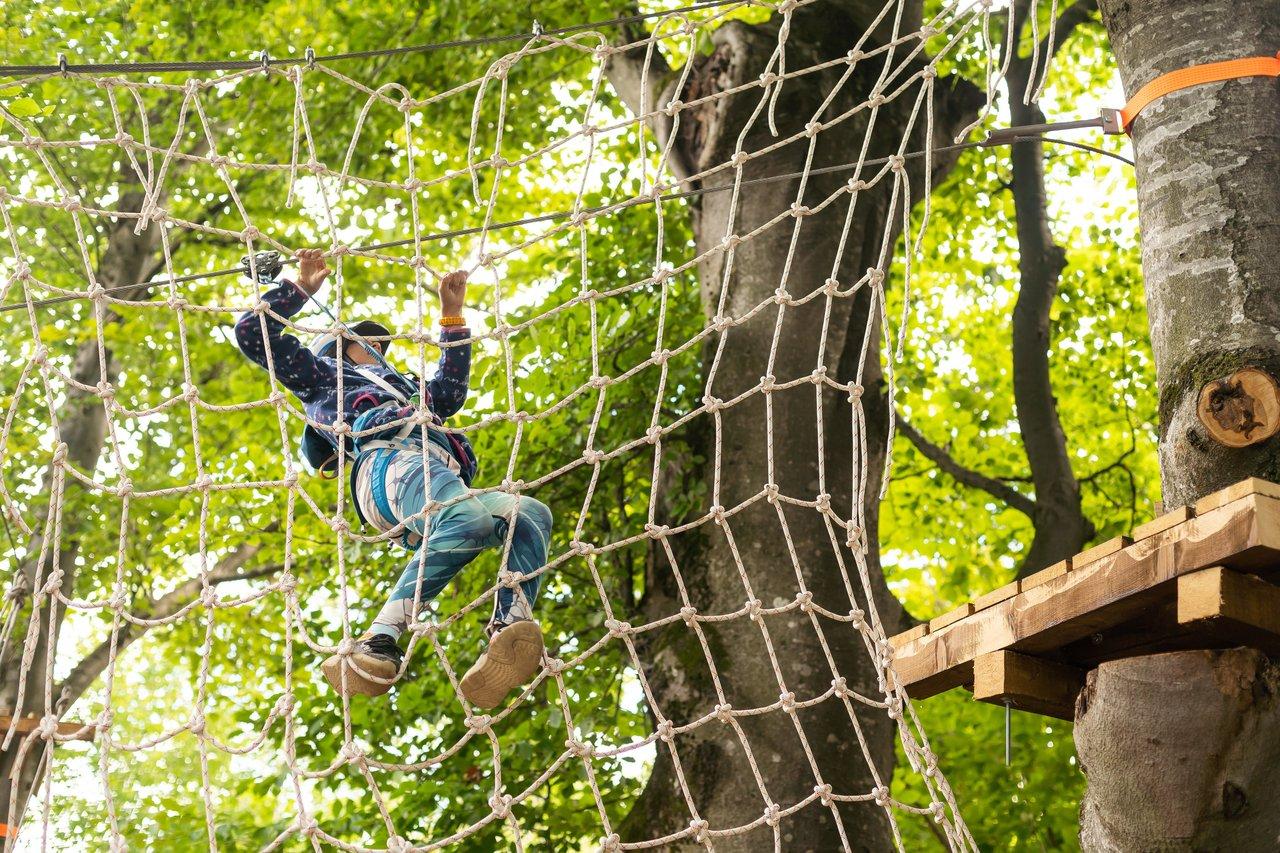 Enfants en parcours de corde dans un parc suspendu en forêt, adventure climbing high wire park.